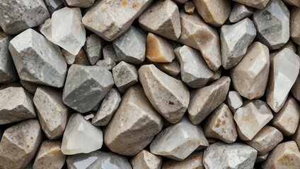 Close-up image displaying a natural array of quartz rocks, primarily off-white with grey flecks and veins, randomly assorted, providing a detailed look at the textures and patterns unique to each ston