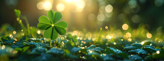 Closeup of green four leaf clover. Clover leaves nature background. St Patrick Day holiday symbol....