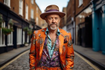 Portrait of a handsome mature man in a hat and a colorful jacket.