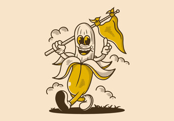 Character of walking banana holding a triangle flag