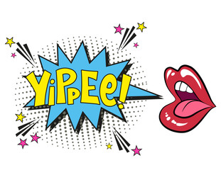 Comic lettering yippee with red lips and an open mouth. Vector bright cartoon illustration in retro pop art style. Comic text sound effects.
