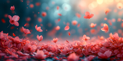 Dance of floating pink petals in the air, flowers in the garden