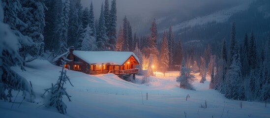 Winter evening picture of a snow-covered cabin near ski resort with lights turned on.