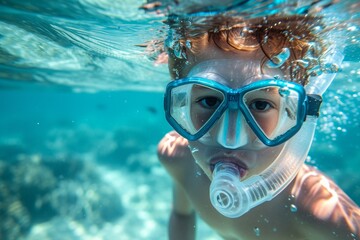 Fototapeta premium Boy Exploring Underwater with Snorkel Gear