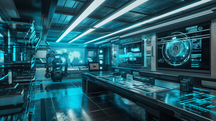 Obraz premium Urban Station Corridor with Futuristic Design, Empty and Well-lit, Featuring Glass Walls and Modern Architecture