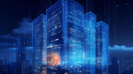 Nighttime Urban Skyline with Digital Skyscrapers and Blue City Lights Illustration