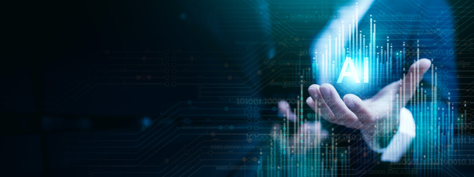 businessman using Ai technology in business by artificial intelligence, smart robot AI, Futuristic technology transformation, using AI technology for developing running business on cloud computing