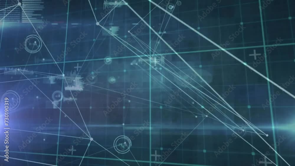 Poster animation of network of connections and data processing over dark background