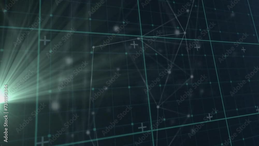 Poster animation of network of connections and data processing over dark background