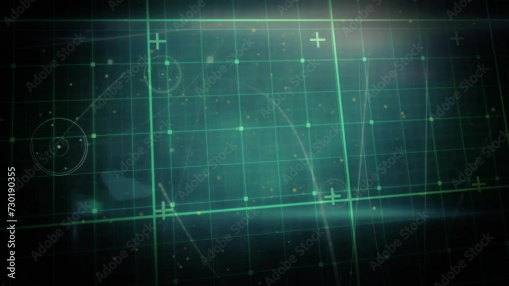 Poster animation of network of connections and data processing over dark background