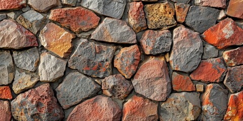 Wall Constructed from Irregularly Shaped Stone Tiles - The Stones are in Shades of Red with a few Interspersed Grey Stones - Each Stone Tile Appears Weathered created with Generative AI Technology