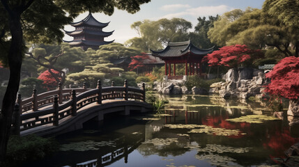 Obraz premium landscape, Morning Serenity in Asian Gardens with Traditional Architecture and Reflective Waters