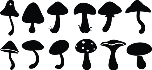 Mushroom silhouettes set. Black and white mushrooms clipart. Vector illustration