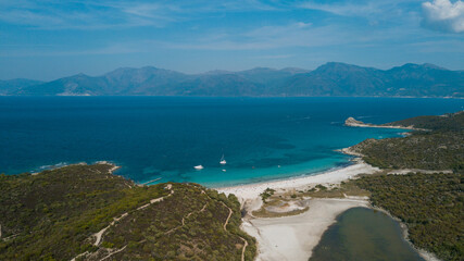 Drone photography of Lotu beach with turquoise waters in Cap Corse