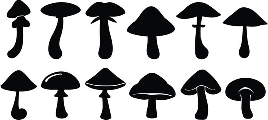 Mushroom silhouettes set. Black and white mushrooms clipart. Vector illustration