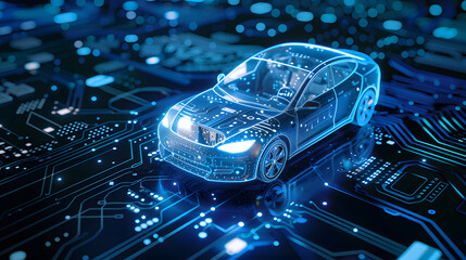 An electric car is depicted in blue on top of a circuit board. - obrazy, fototapety, plakaty