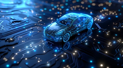 An electric car is depicted in blue on top of a circuit board.