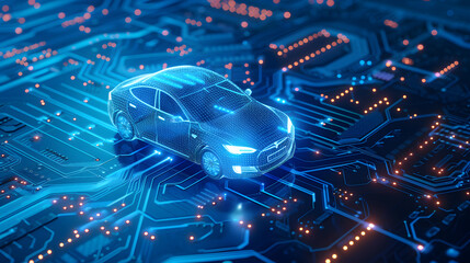 An electric car is depicted in blue on top of a circuit board.