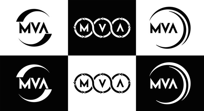 MVA logo. MVA set , M V A design. White MVA letter. MVA, M V A letter logo design. Initial letter MVA letter logo set, linked circle uppercase monogram logo. M V A letter logo vector design.	
