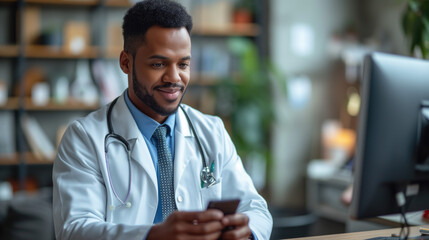 Fototapeta premium Social distancing. Doctor online on smartphone app with male doctor. Online medical clinic, online medical consultation, telemedicine. Online healthcare and medical consultation.