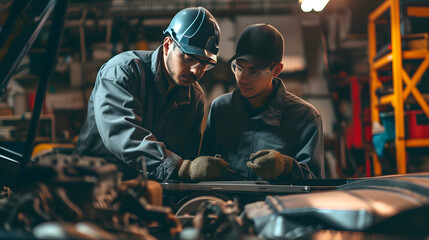 A mechanic is training an apprentice to understand the workings of a car engine. He teaches auto repair in a garage. - obrazy, fototapety, plakaty