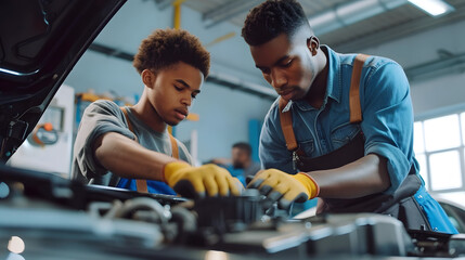 A mechanic is training an apprentice to understand the workings of a car engine. He teaches auto repair in a garage. - obrazy, fototapety, plakaty