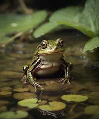 Obraz premium A frog sits in water and algae. Nature