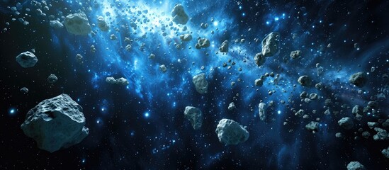 3D depiction of an asteroid field in space.