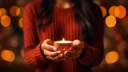 Warm glow: close-up of female hands holding a burning candle with selective focus