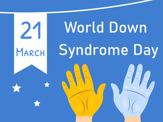 Fototapeta premium World Down syndrome day. Blue and yellow palms on a blue background. Down syndrome awareness concept.