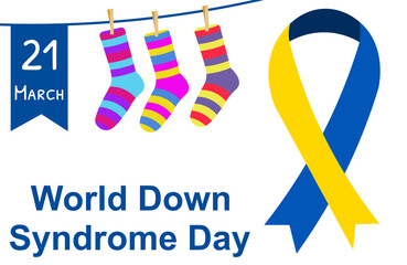 Obraz premium World Down syndrome day. Striped socks and ribbon on a white background. Down syndrome awareness concept.