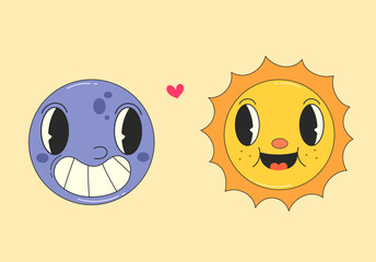 Colored vector illustration with smiling moon and talking sun in groovy style