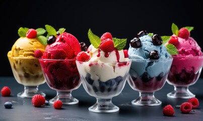 Row of Ice Cream Sundaes With Raspberries and Blueberries