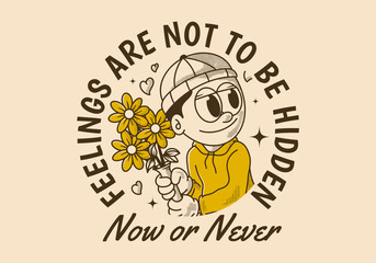 Now or never. Retro illustration of a beanie guy holding a flower