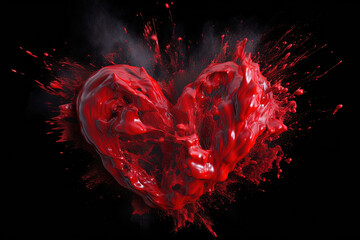Red Paint Splashes in Heart Shape on Black Background