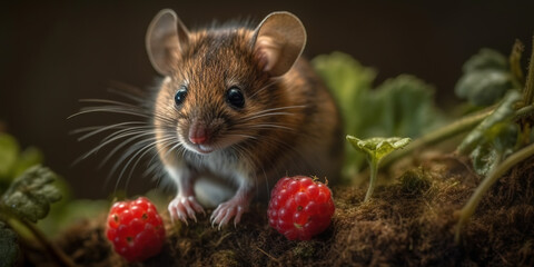 Wild Grey Mouse With Raspberry In The Forest, Close Up View