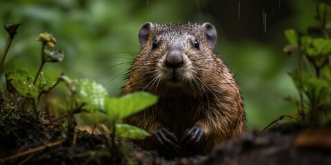 Naklejka na ściany i meble Wild Hamster In The Forest In The Rain