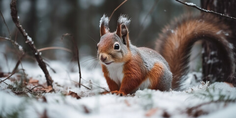 Naklejka na ściany i meble Cute Red Wild Squirrel In Winter In The Forest