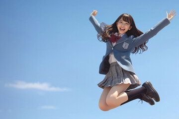 青空をバックに喜びに満ちた笑顔でジャンプ（飛ぶ）する女子高生 コピースペース