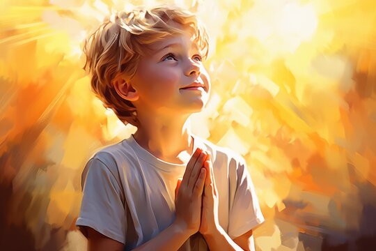 A young boy child praying in the golden sunlight, youthful, cute and dreamy religious image. Lonely boy prays. Child meditates and turns to God with his hands folded on his chest. Concept of religion