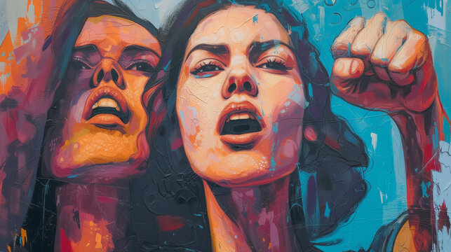 Artwork of the feminist movement with activists raising fists. Colorful art.