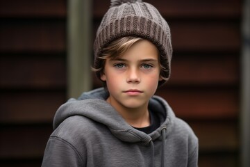 Portrait of a boy in a knitted cap and sweatshirt.