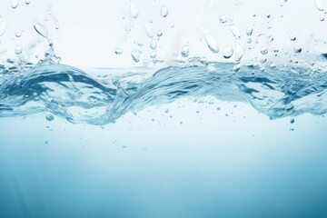 Naklejka na ściany i meble clean blue water surface with splash, ripple and air bubbles underwater on white background