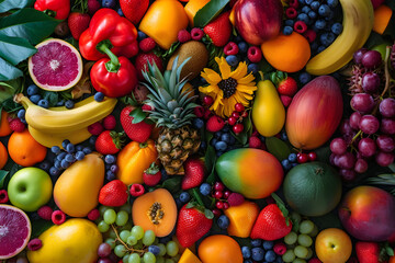 Tropical Symphony: Top-View Assortment of Colorful Ripe Fruits - obrazy, fototapety, plakaty