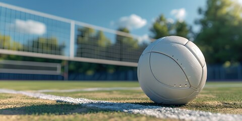 Close-up of a volleyball on the court with net in the background. sunny day, clear sky. sport and outdoor activity concept. summertime leisure. AI