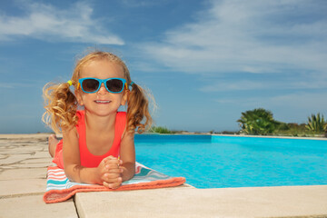 Smiling girl relaxing near pool day with sunglasses have fun