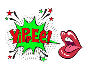 Comic lettering yippee with red lips and an open mouth. Vector bright cartoon illustration in retro pop art style. Comic text sound effects.