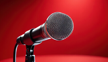 the modern microphone on a red background