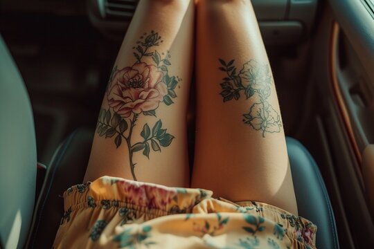 Tattooed thighs of a young woman sitting in the car from above