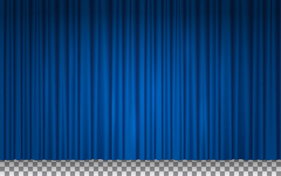 Blue curtain for stage in theater, cinema or circus. Blue velvet drapes for movie theatre, show scene, comedy club. Curtains isolated on transparent background, vector realistic illustration
